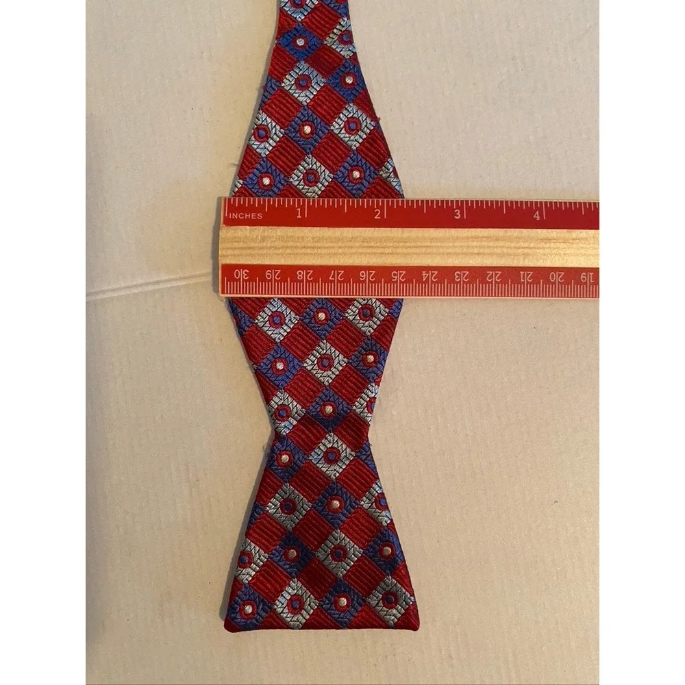 Rooster Mens Silk Bow Tie Red Blue Geometric Diamond Pattern Self Tie Adjustable